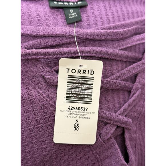 NEW Torrid Waffle Purple Lace Up V-Neck Long Sleeve Top Blouse Shirt Sz 6 6X 30 - Picture 2 of 2